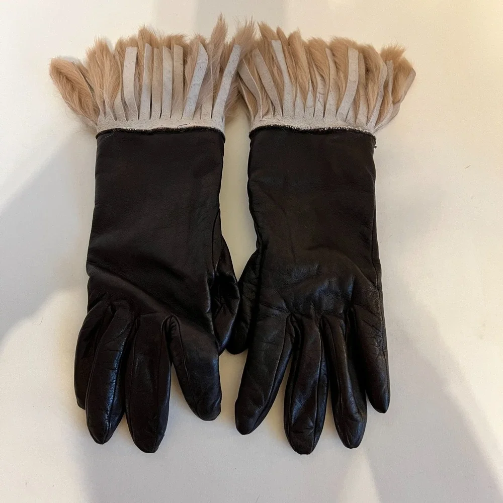 Portolano Brown Italian Leather Gloves Fur Cuff Cashmere Lined Women's Size 6.5